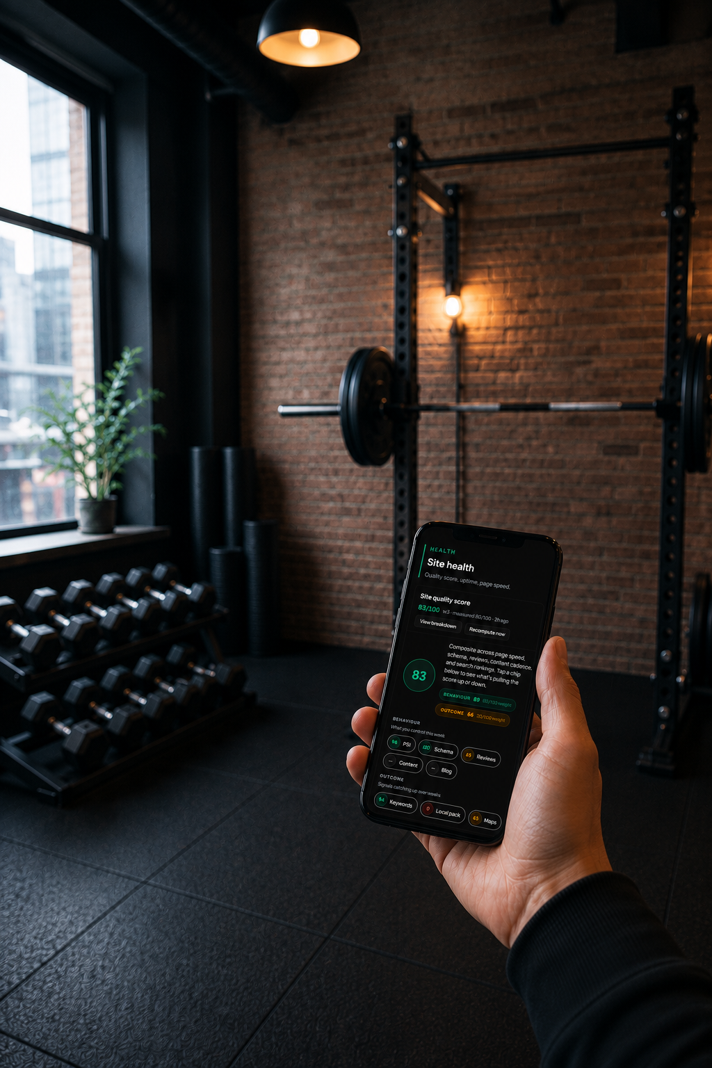 A phone showing a site health dashboard with a quality score, held in a dark personal training studio