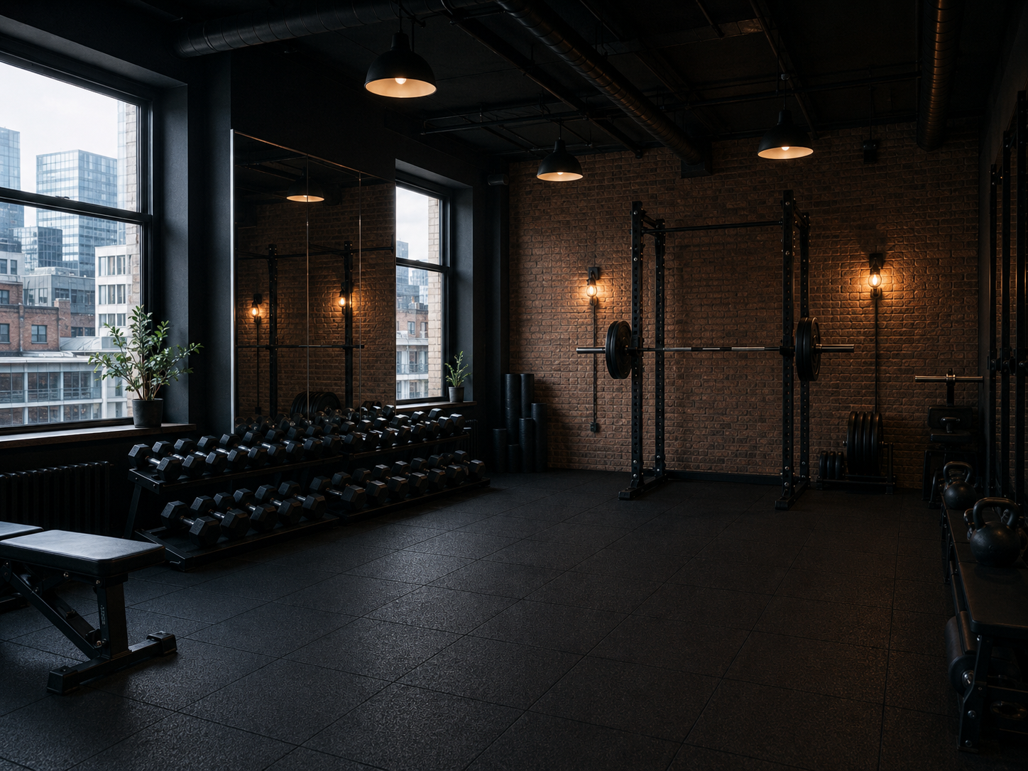 The interior of a personal training studio in low evening light