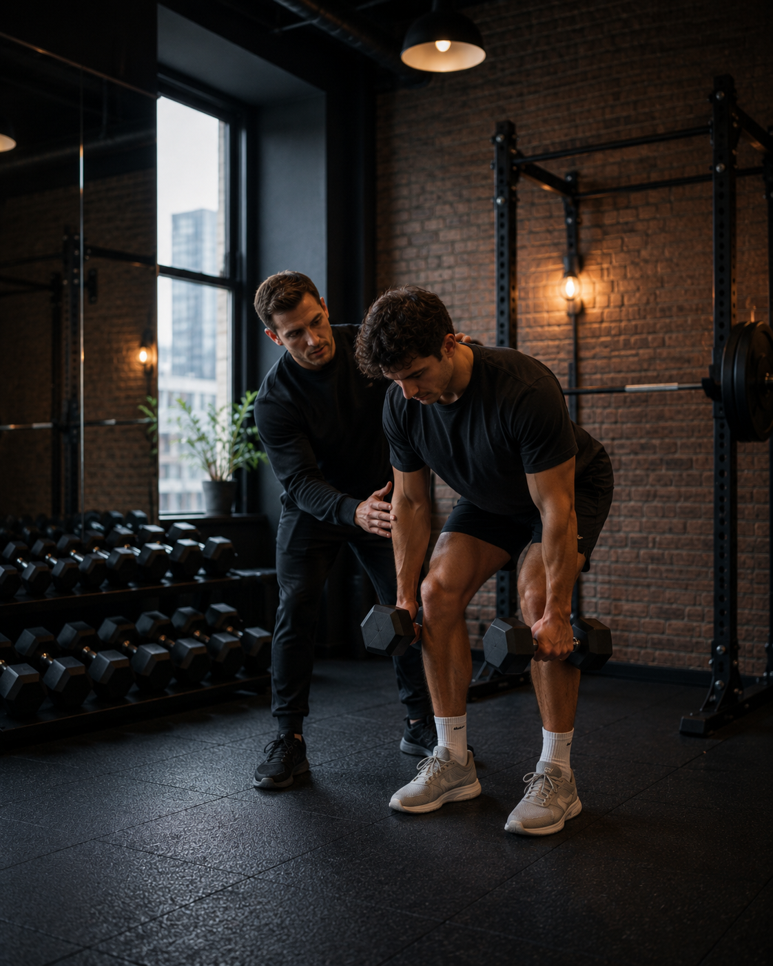 A personal trainer coaching a client one to one in a dark studio